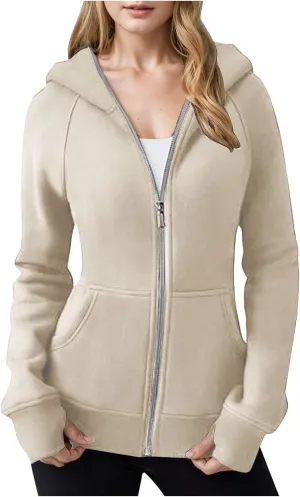 Zip Up Hoodie for Women Long Sleeve Zip Up Lightweight Sweatshirts Casual Loose Fit Plain Hoodie with Thumb Hole