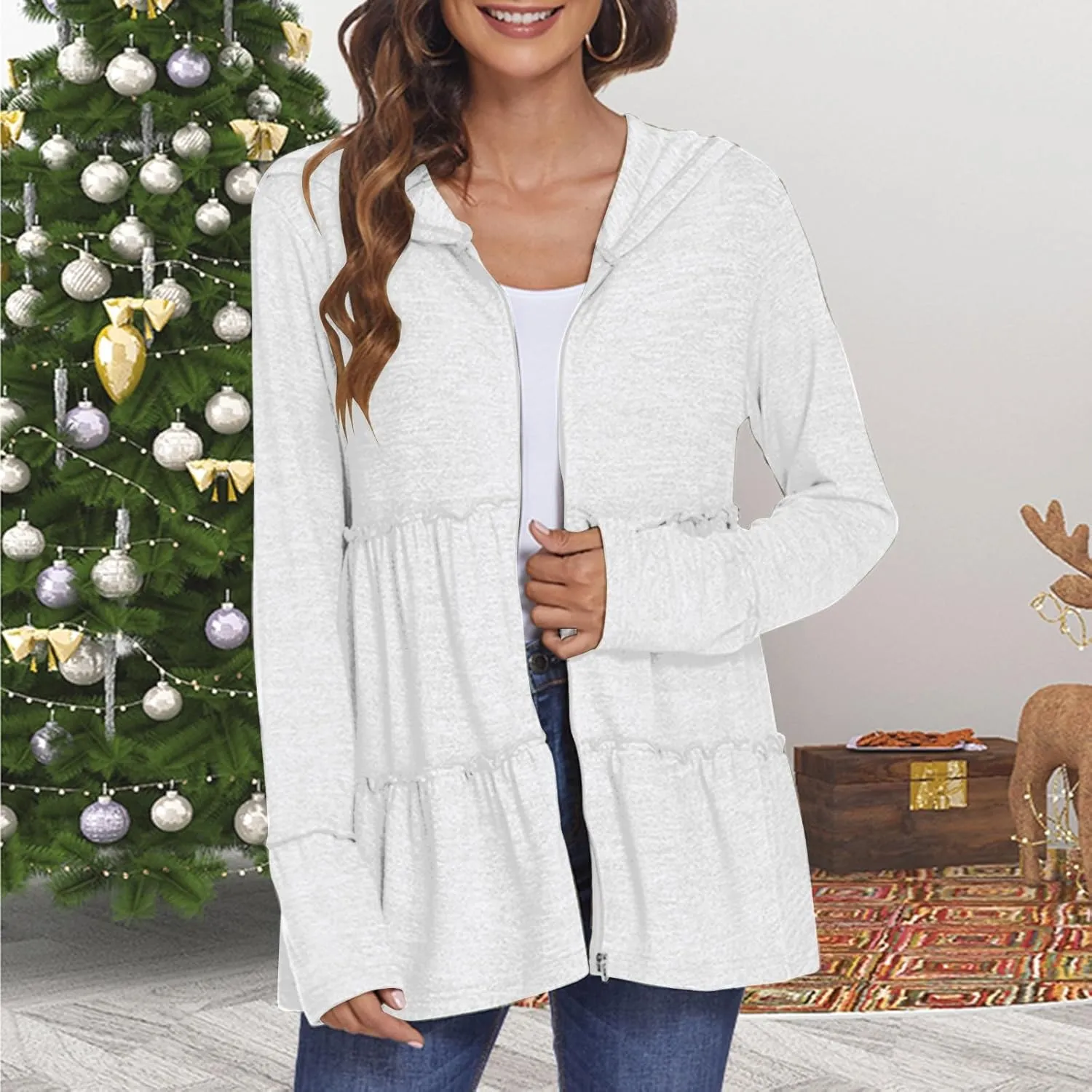 Zip Up Hoodie Women Casual Lightweight Athletic Sweat Peplum Zip Up Jackets Cute Tiered Ruffle Sweatshirt Hoodies