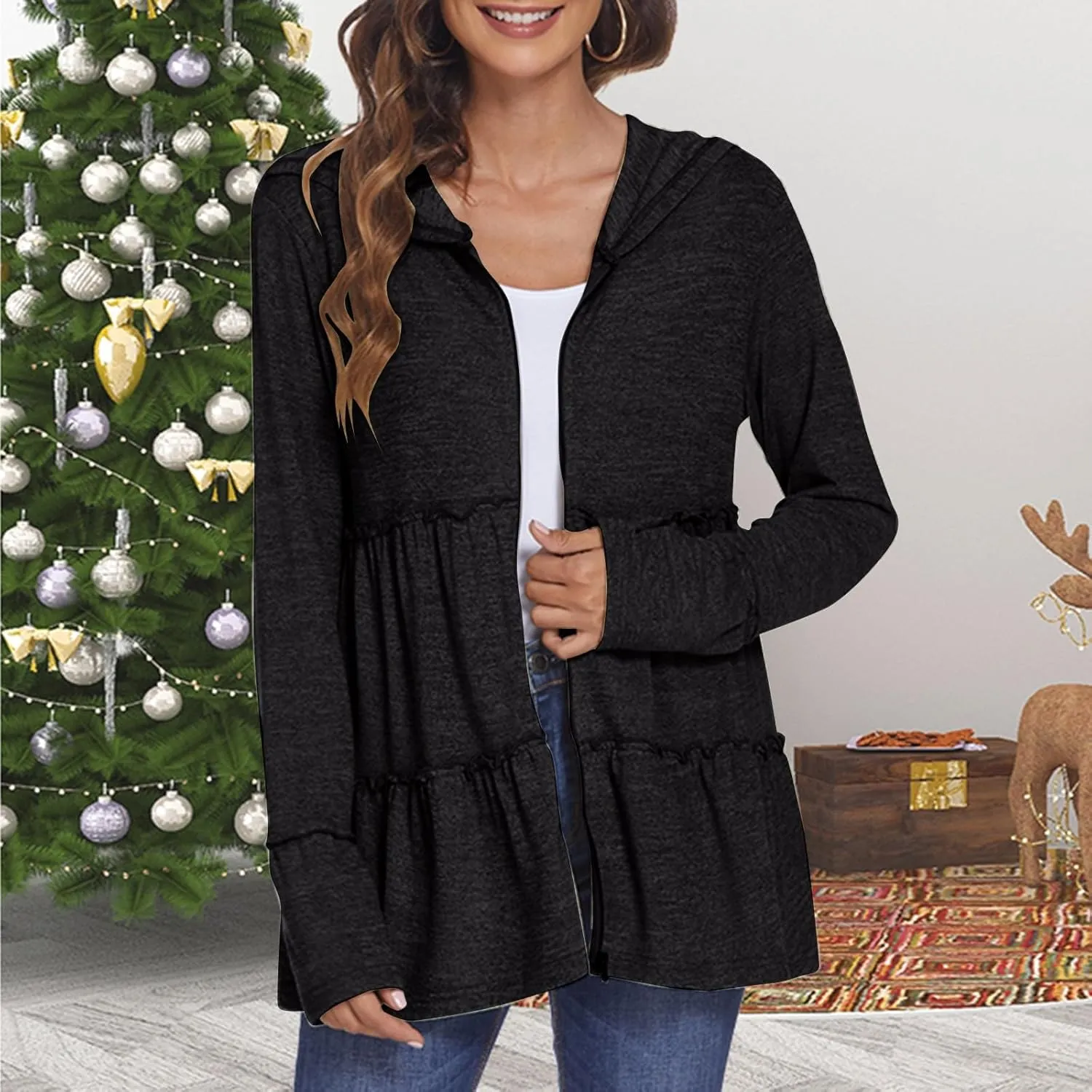 Zip Up Hoodie Women Casual Lightweight Athletic Sweat Peplum Zip Up Jackets Cute Tiered Ruffle Sweatshirt Hoodies