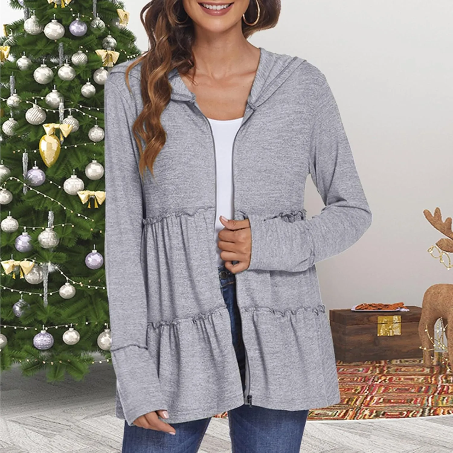 Zip Up Hoodie Women Casual Lightweight Athletic Sweat Peplum Zip Up Jackets Cute Tiered Ruffle Sweatshirt Hoodies