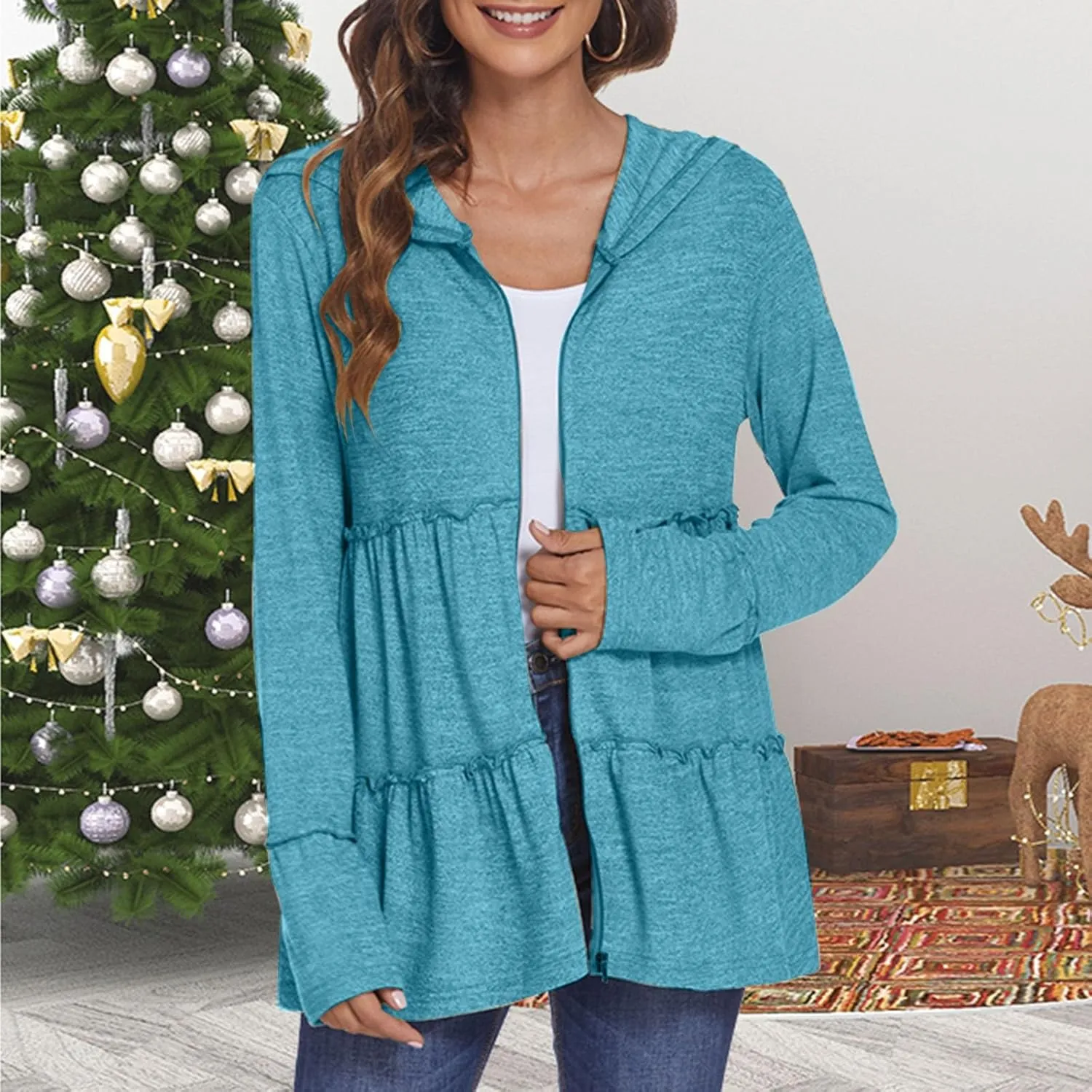 Zip Up Hoodie Women Casual Lightweight Athletic Sweat Peplum Zip Up Jackets Cute Tiered Ruffle Sweatshirt Hoodies