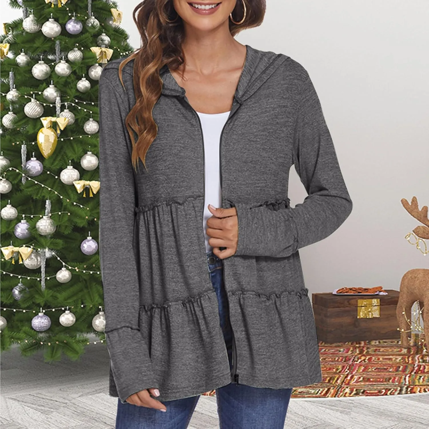 Zip Up Hoodie Women Casual Lightweight Athletic Sweat Peplum Zip Up Jackets Cute Tiered Ruffle Sweatshirt Hoodies