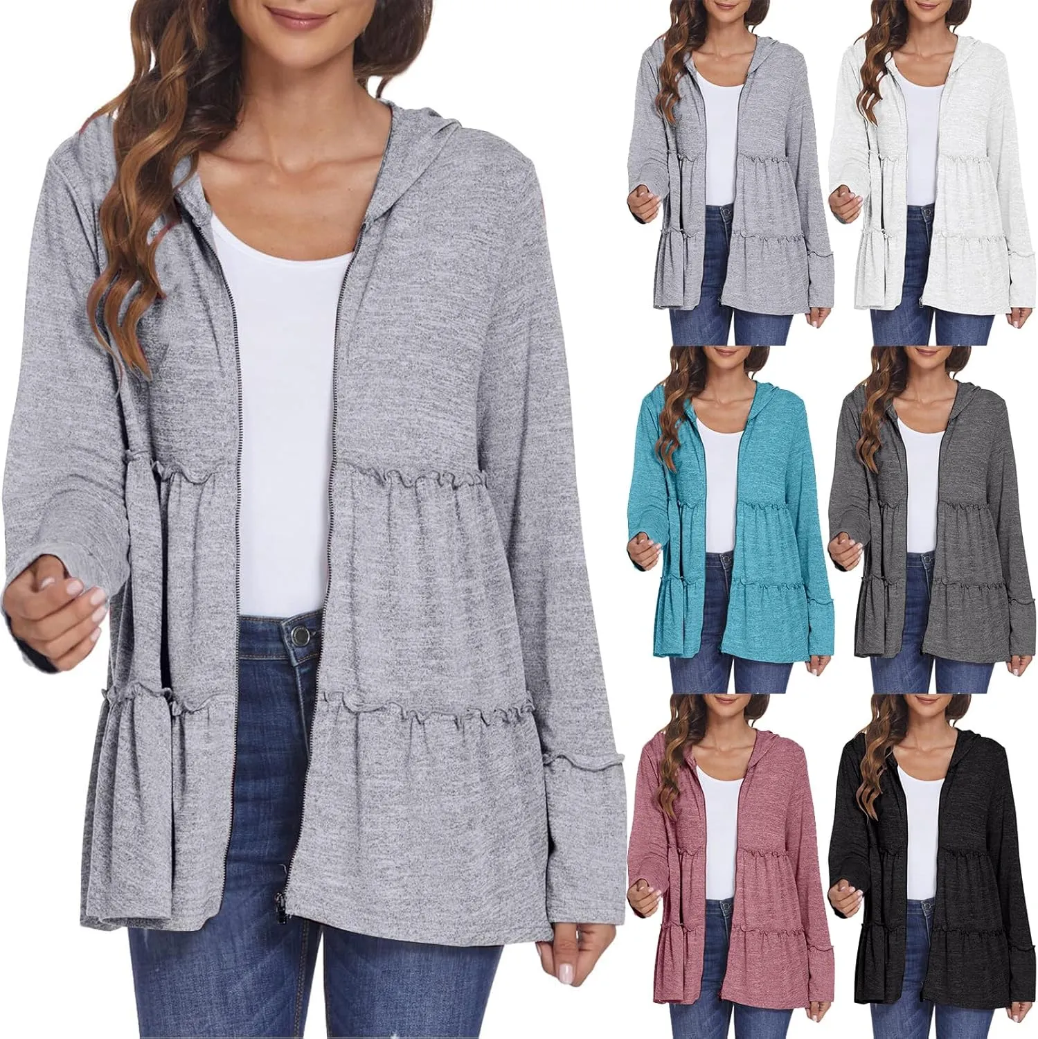 Zip Up Hoodie Women Casual Lightweight Athletic Sweat Peplum Zip Up Jackets Cute Tiered Ruffle Sweatshirt Hoodies
