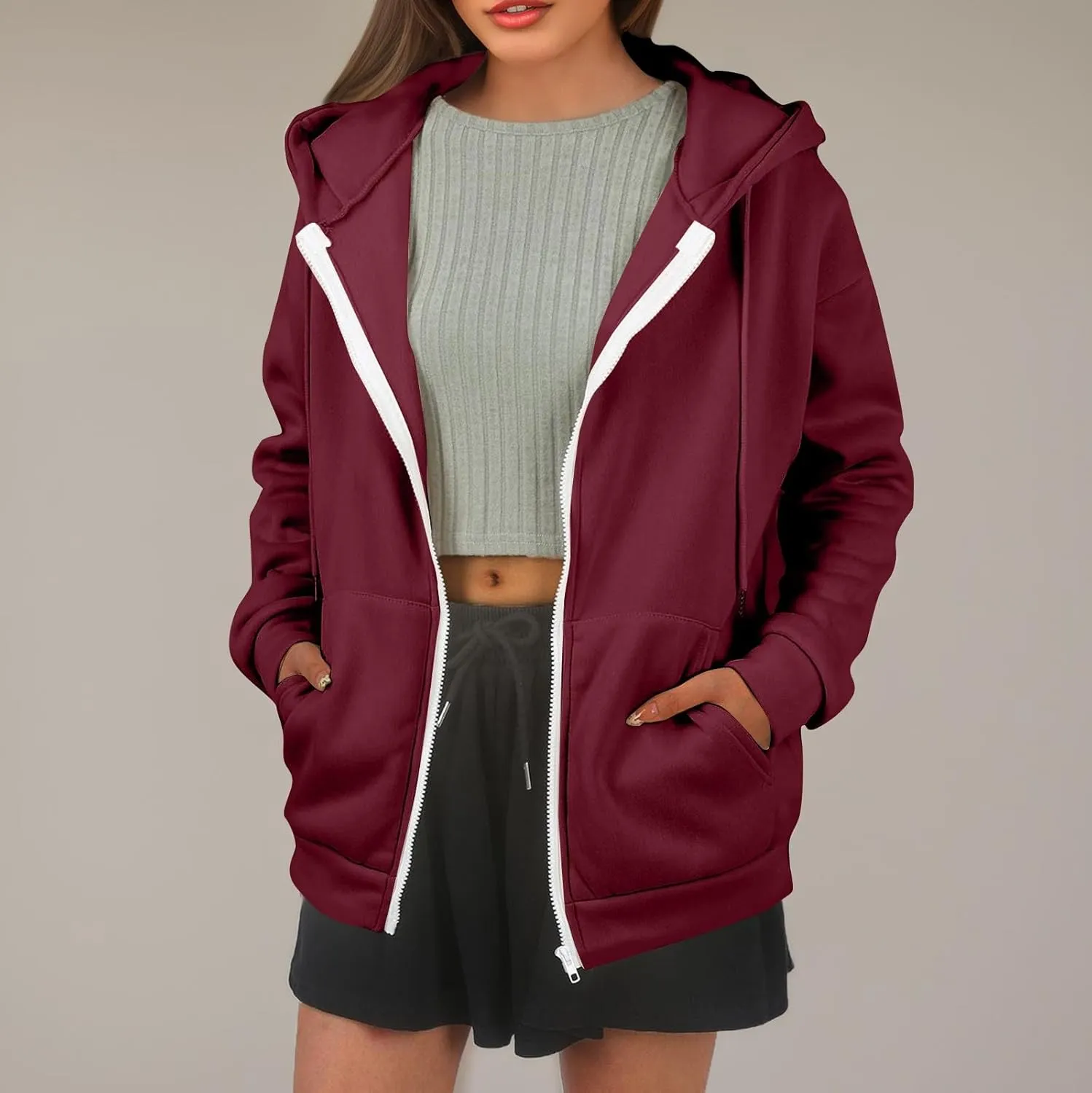 Zip Up Hoodie Women Lightweight Fleece Zip Up Jacket Casual Drawstring Plain Oversized Hooded Sweatshirt with Pockets