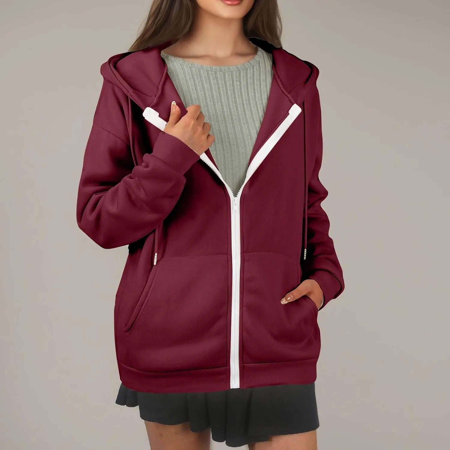 Zip Up Hoodie Women Lightweight Fleece Zip Up Jacket Casual Drawstring Plain Oversized Hooded Sweatshirt with Pockets