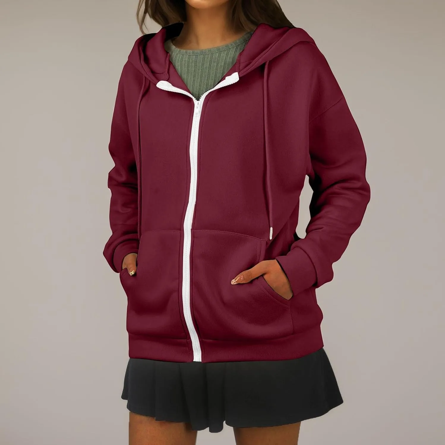 Zip Up Hoodie Women Lightweight Fleece Zip Up Jacket Casual Drawstring Plain Oversized Hooded Sweatshirt with Pockets