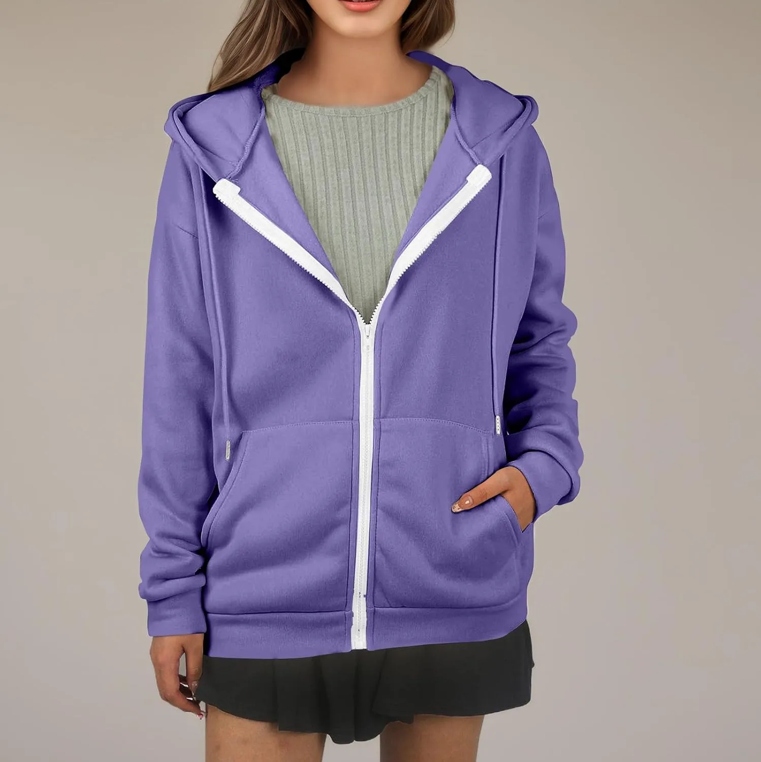 Zip Up Hoodie Women Lightweight Fleece Zip Up Jacket Casual Drawstring Plain Oversized Hooded Sweatshirt with Pockets