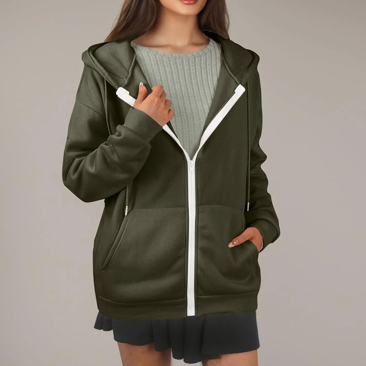 Zip Up Hoodie Women Lightweight Fleece Zip Up Jacket Casual Drawstring Plain Oversized Hooded Sweatshirt with Pockets