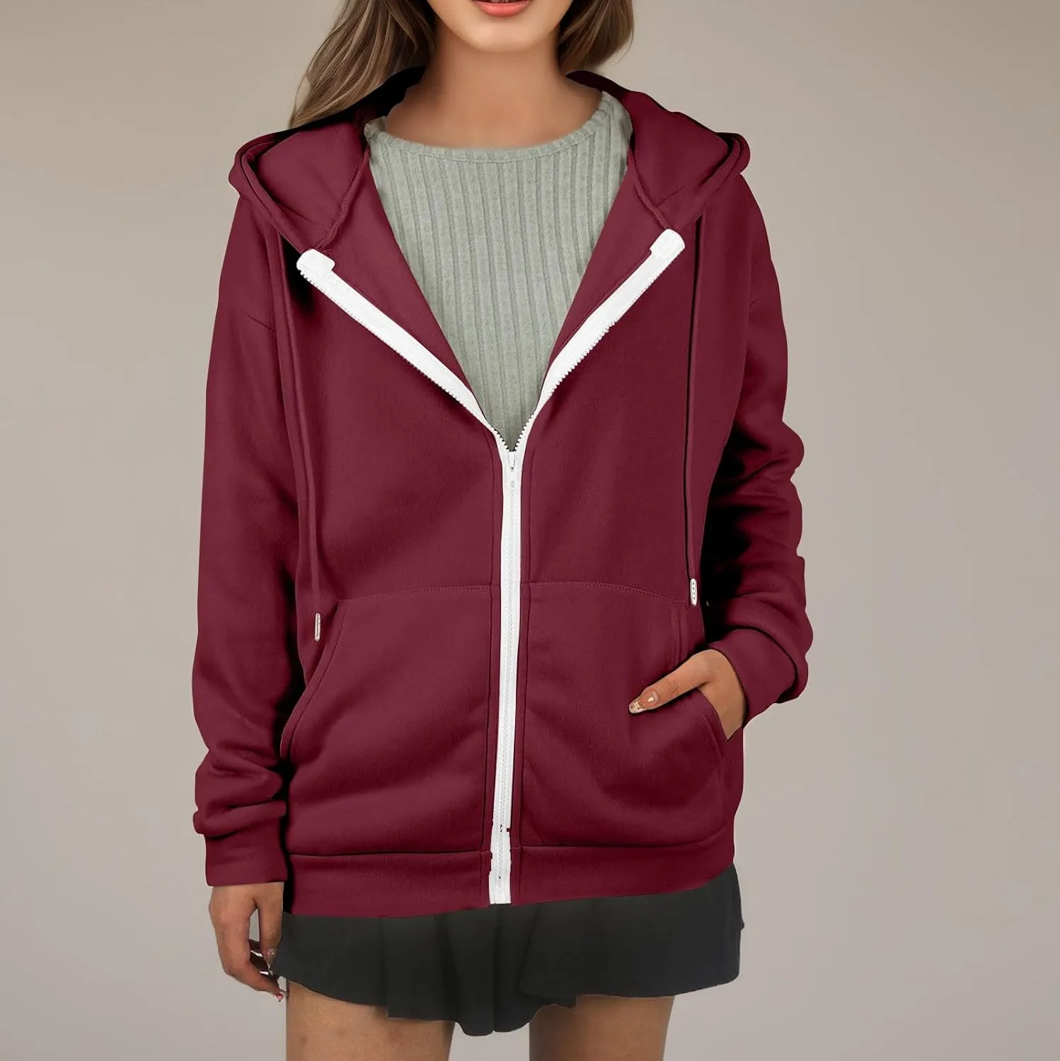 Zip Up Hoodie Women Lightweight Fleece Zip Up Jacket Casual Drawstring Plain Oversized Hooded Sweatshirt with Pockets