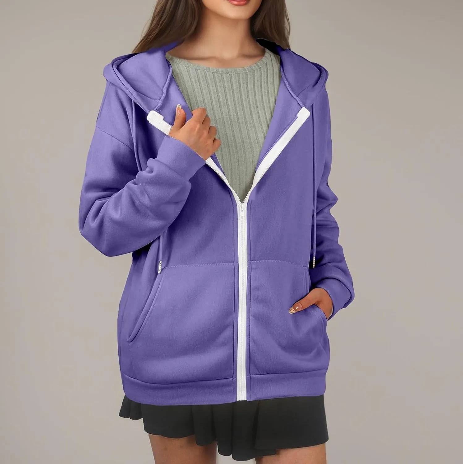 Zip Up Hoodie Women Lightweight Fleece Zip Up Jacket Casual Drawstring Plain Oversized Hooded Sweatshirt with Pockets