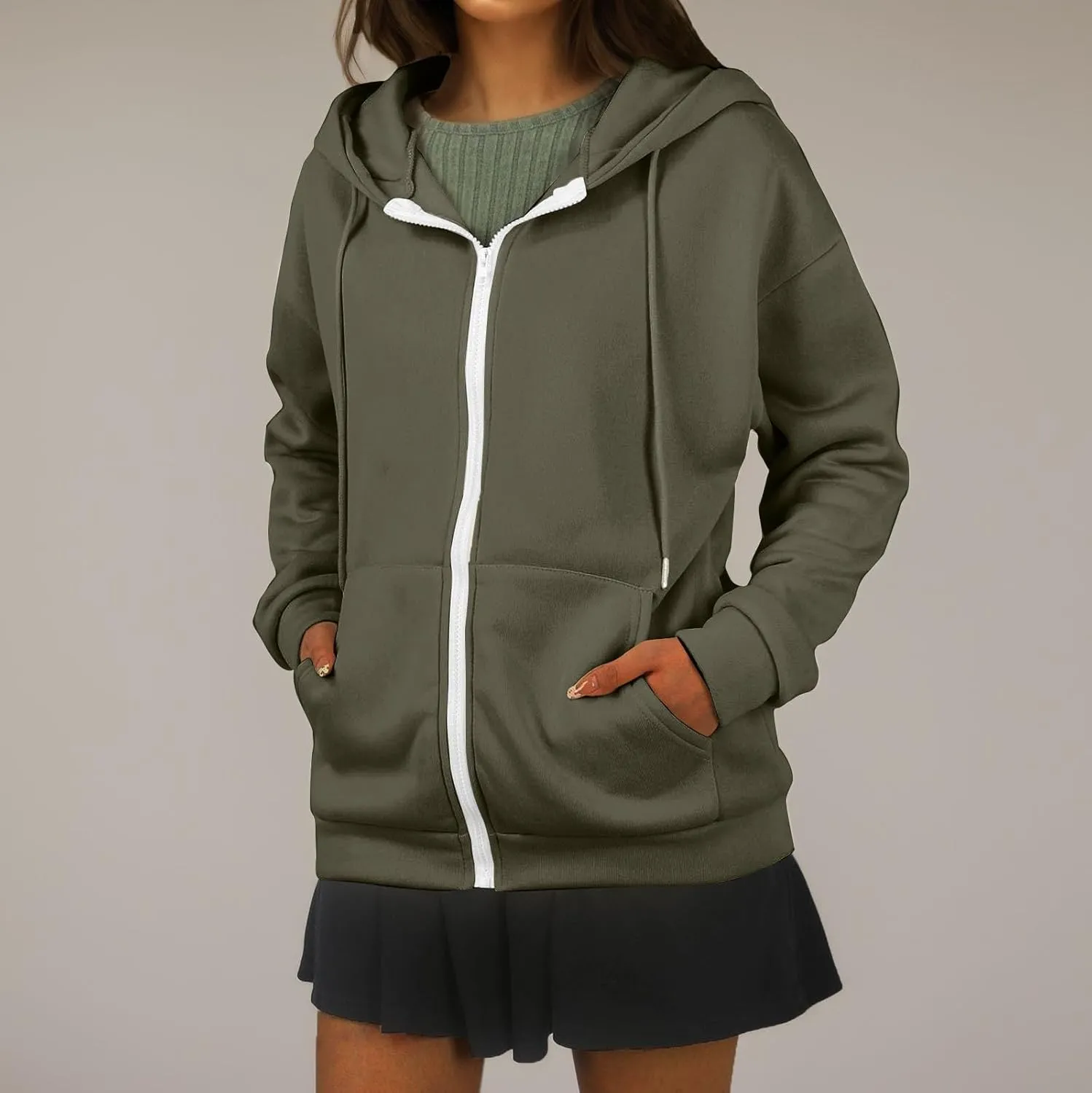 Zip Up Hoodie Women Lightweight Fleece Zip Up Jacket Casual Drawstring Plain Oversized Hooded Sweatshirt with Pockets