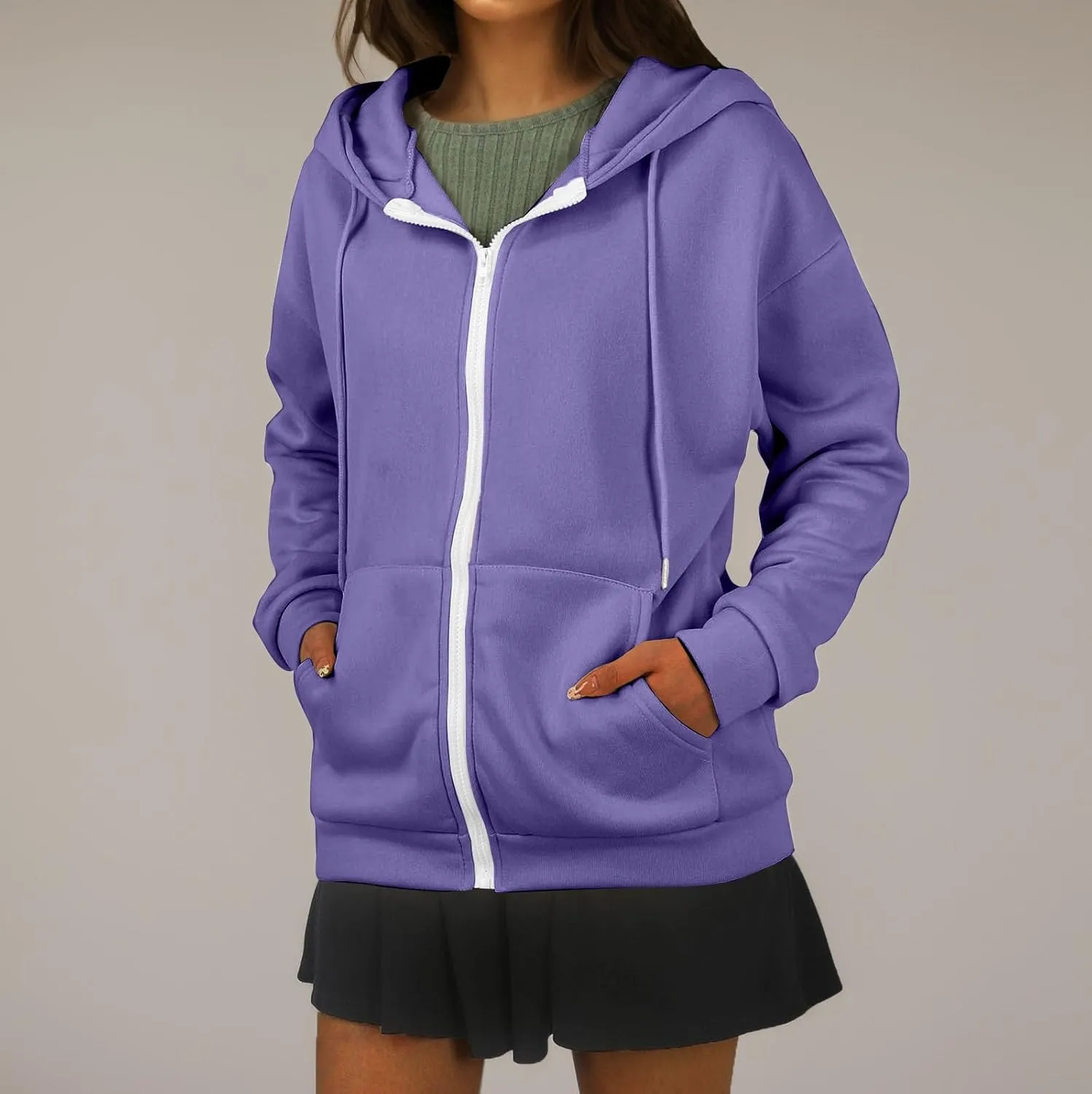 Zip Up Hoodie Women Lightweight Fleece Zip Up Jacket Casual Drawstring Plain Oversized Hooded Sweatshirt with Pockets