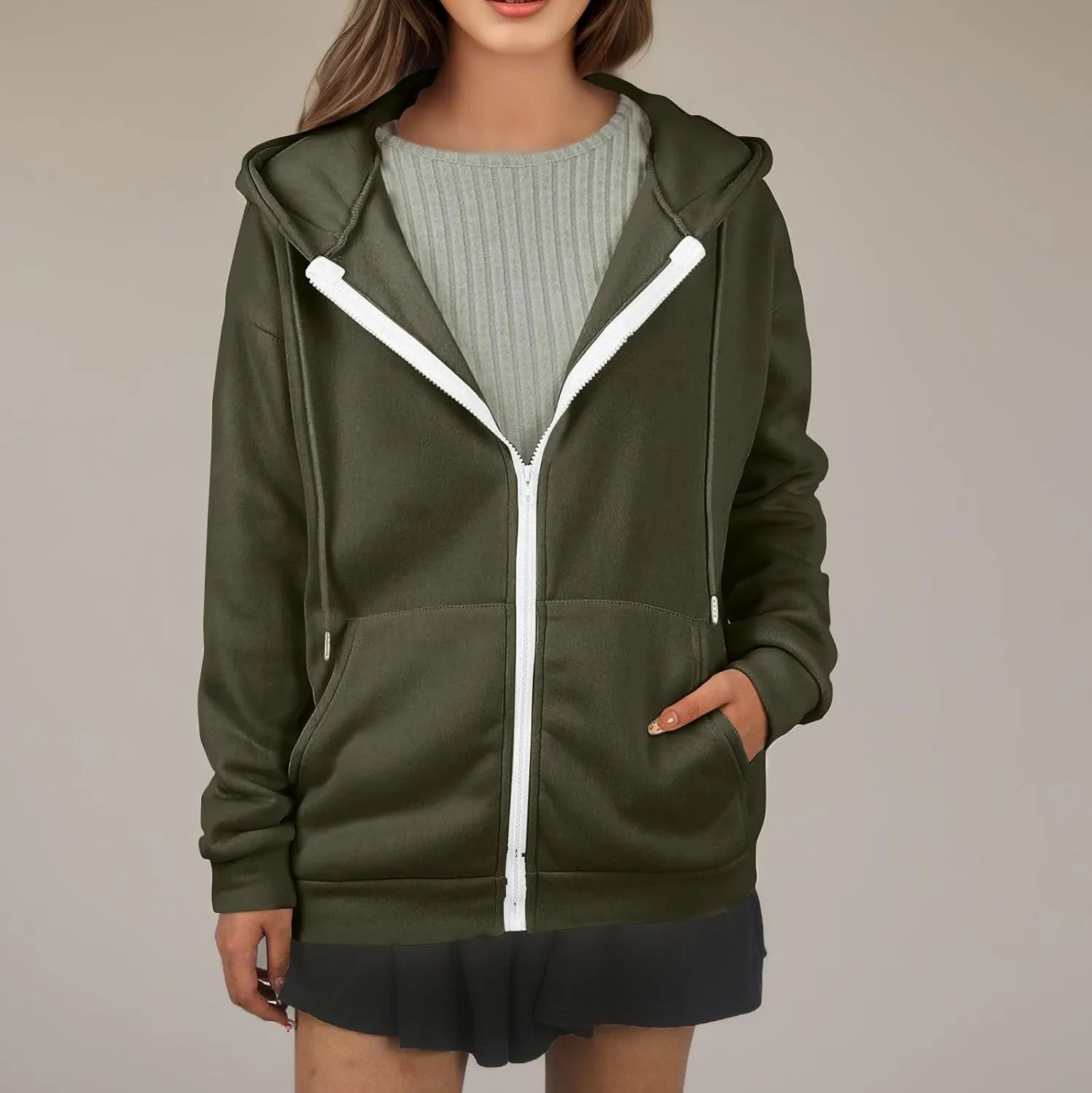 Zip Up Hoodie Women Lightweight Fleece Zip Up Jacket Casual Drawstring Plain Oversized Hooded Sweatshirt with Pockets