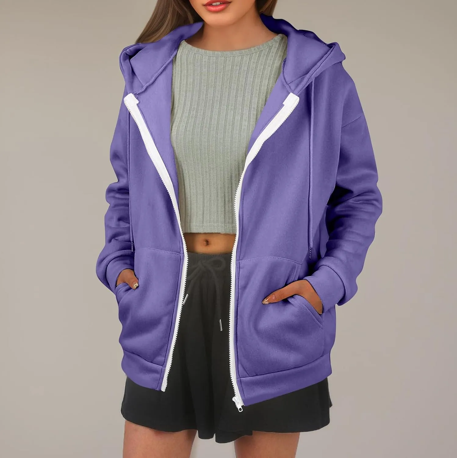 Zip Up Hoodie Women Lightweight Fleece Zip Up Jacket Casual Drawstring Plain Oversized Hooded Sweatshirt with Pockets