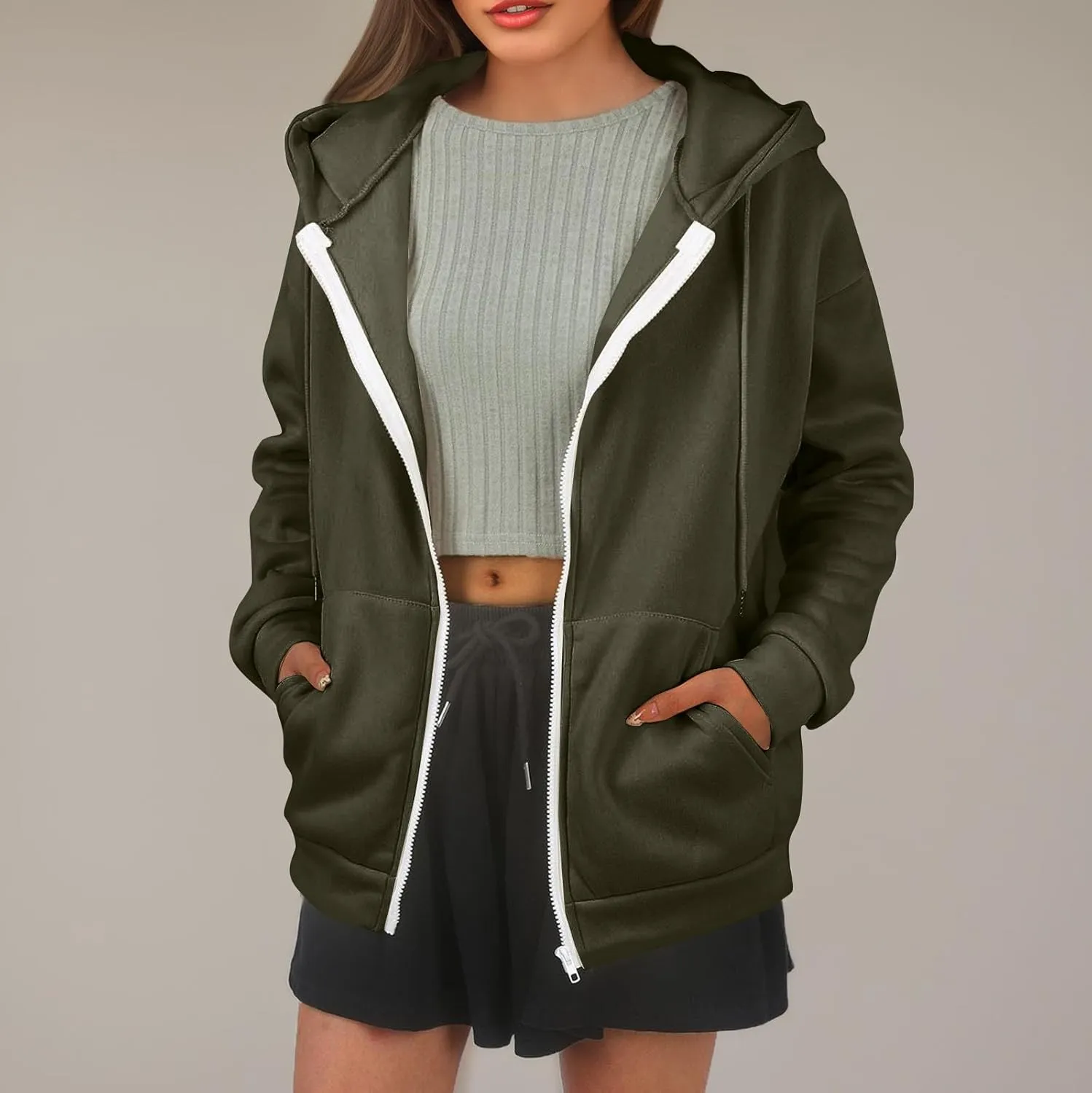 Zip Up Hoodie Women Lightweight Fleece Zip Up Jacket Casual Drawstring Plain Oversized Hooded Sweatshirt with Pockets