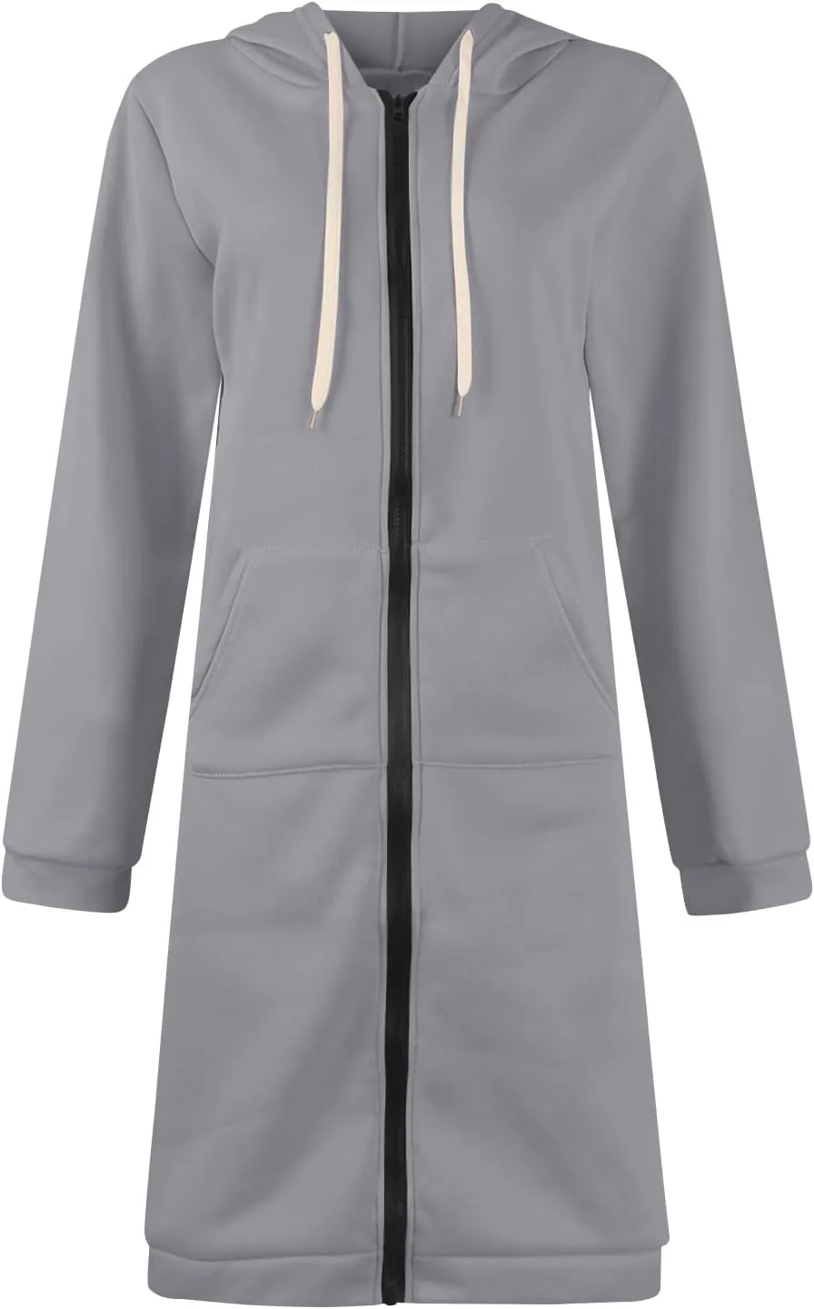 Zip Up Hoodie Women Long Sleeve Knee Length Tunic Hoodies Winter Fleece Hooded Sweatshirt 2024 Fall Long Jackets
