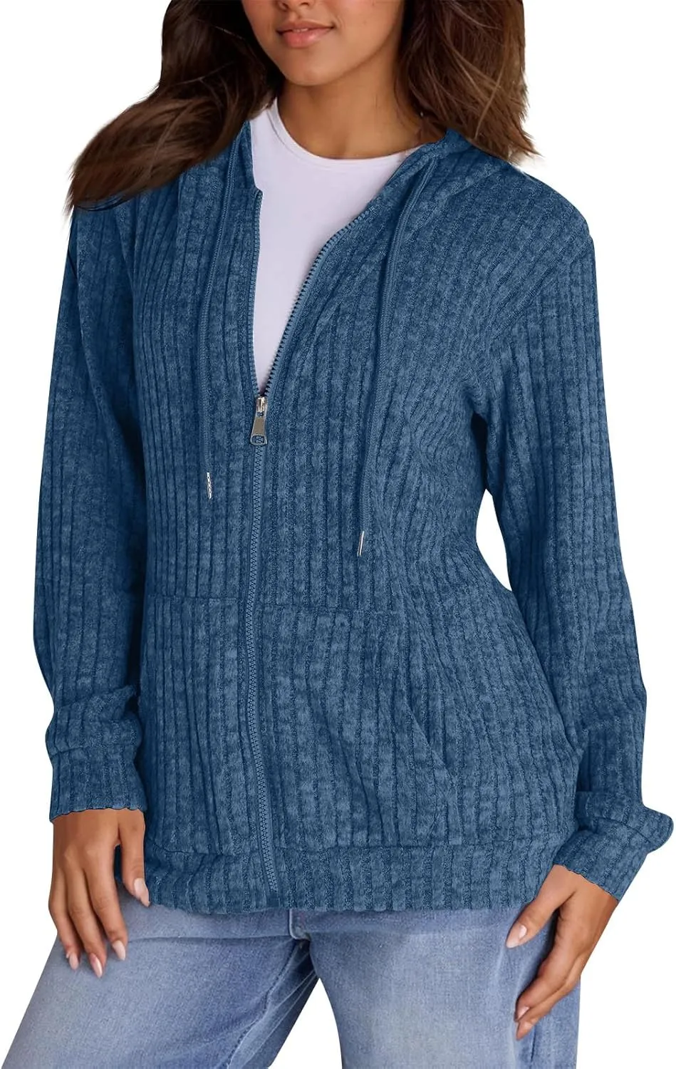 Zip Up Hoodie Women Oversized Zip Up Sweaters Casual Drawstring Lightweight Knit Athletic Zip Up Jackets with Pockets