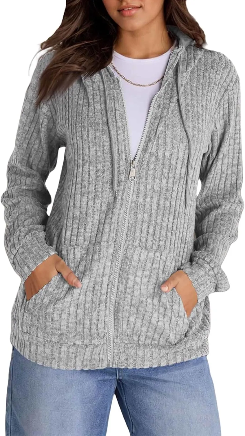 Zip Up Hoodie Women Oversized Zip Up Sweaters Casual Drawstring Lightweight Knit Athletic Zip Up Jackets with Pockets