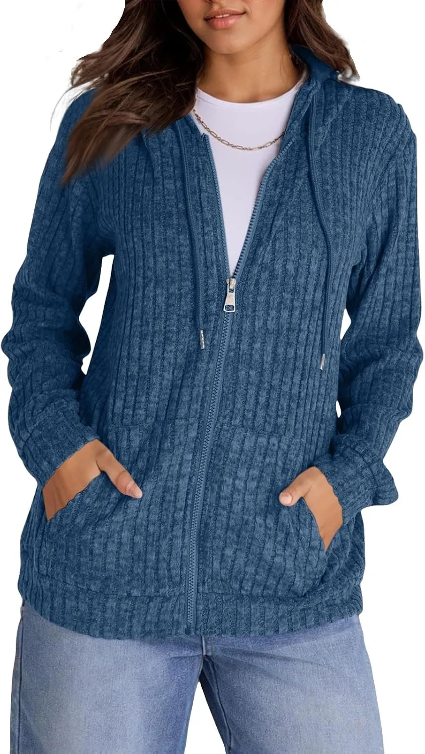 Zip Up Hoodie Women Oversized Zip Up Sweaters Casual Drawstring Lightweight Knit Athletic Zip Up Jackets with Pockets