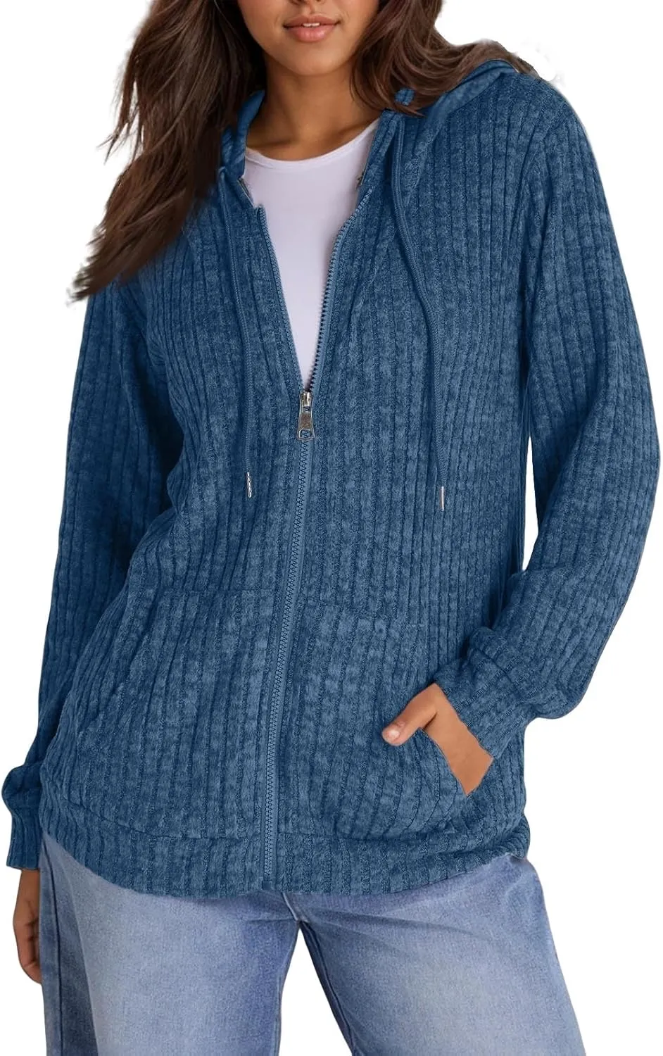 Zip Up Hoodie Women Oversized Zip Up Sweaters Casual Drawstring Lightweight Knit Athletic Zip Up Jackets with Pockets