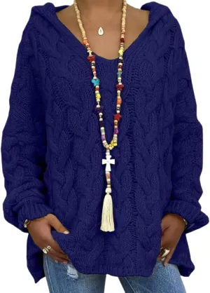 ZOCANIA Women's Oversized Chunky Cable Knit Pullover Sweaters Hooded V Neck Long Sleeve Loose Fit Sweater Hoodie for Fall