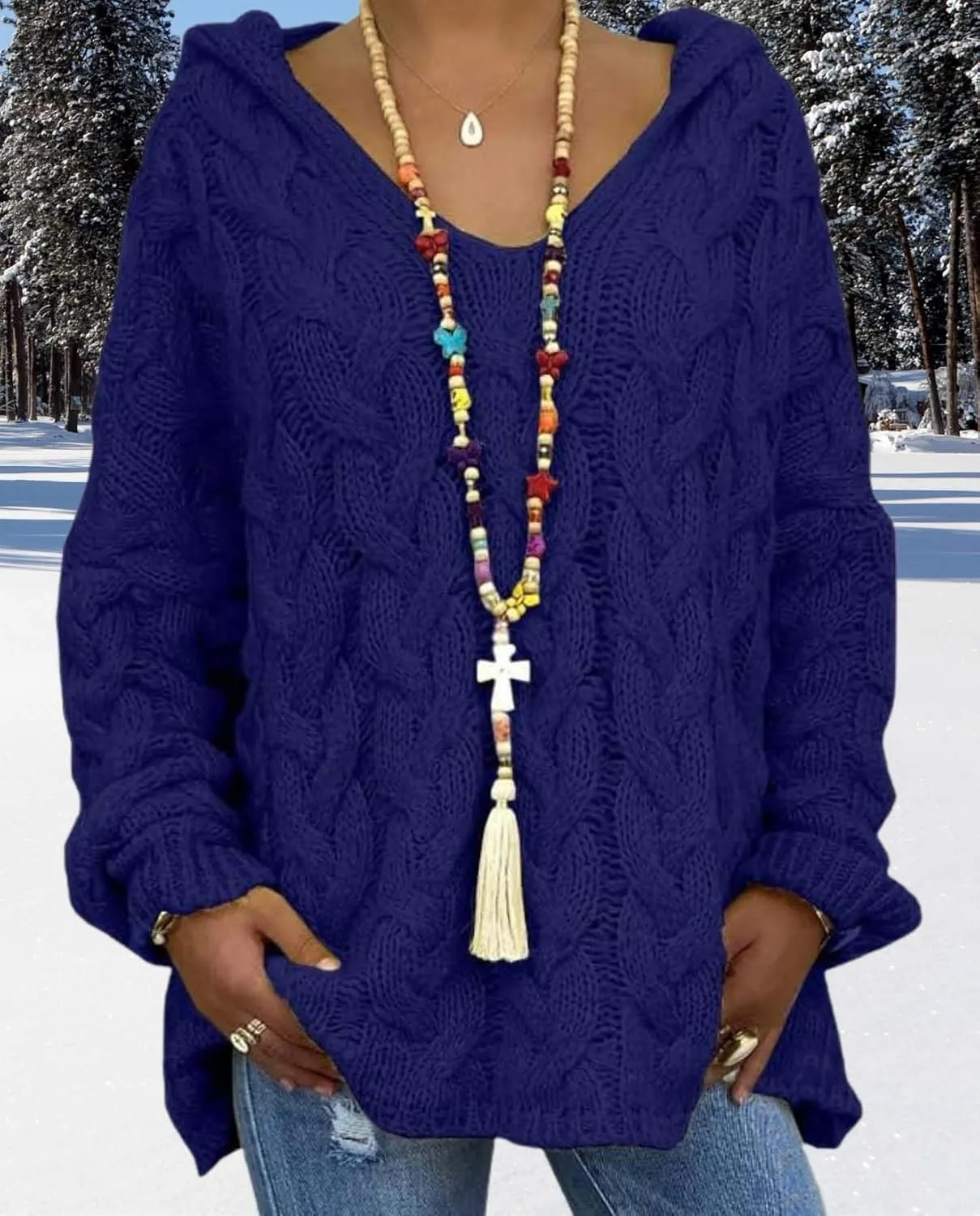 ZOCANIA Women's Oversized Chunky Cable Knit Pullover Sweaters Hooded V Neck Long Sleeve Loose Fit Sweater Hoodie for Fall