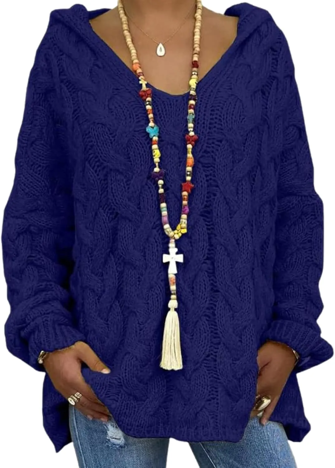 ZOCANIA Women's Oversized Chunky Cable Knit Pullover Sweaters Hooded V Neck Long Sleeve Loose Fit Sweater Hoodie for Fall
