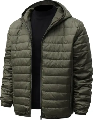 ZWRXW Men's Packable Lightweight Puffer Jacket Solid Color Insulated Down Jacket Full Zip Quilted Hooded Outwear with Pockets