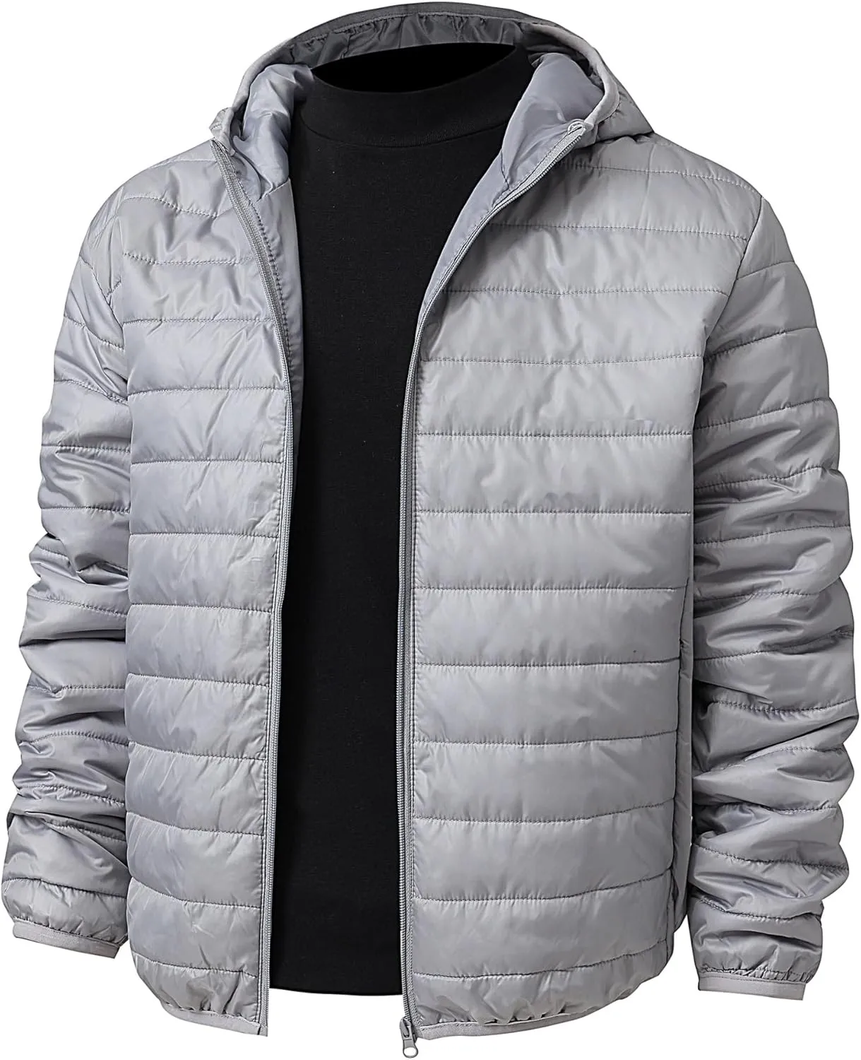 ZWRXW Men's Packable Lightweight Puffer Jacket Solid Color Insulated Down Jacket Full Zip Quilted Hooded Outwear with Pockets
