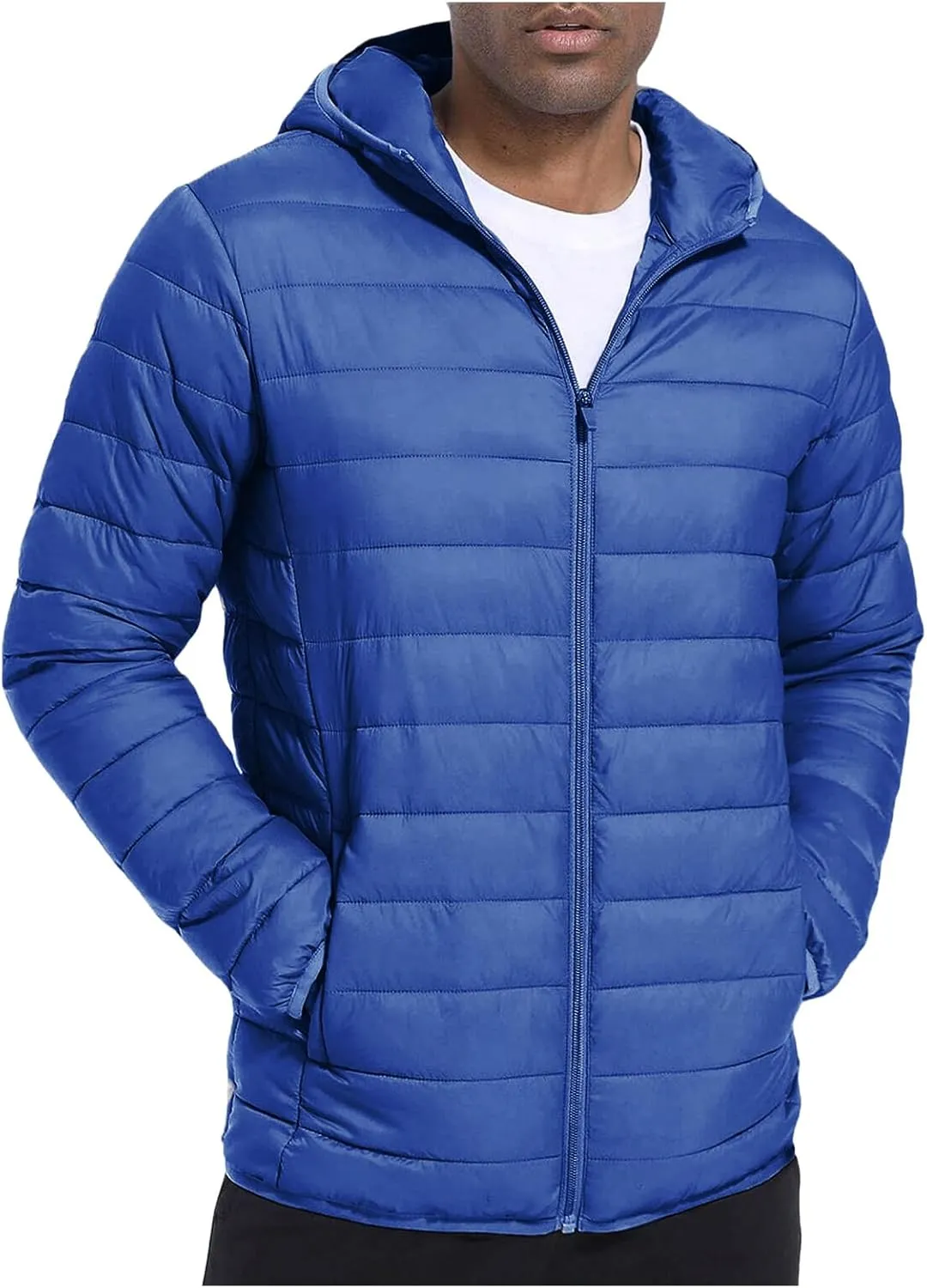 ZWRXW Men's Packable Lightweight Puffer Jacket Solid Color Insulated Down Jacket Full Zip Quilted Hooded Outwear with Pockets
