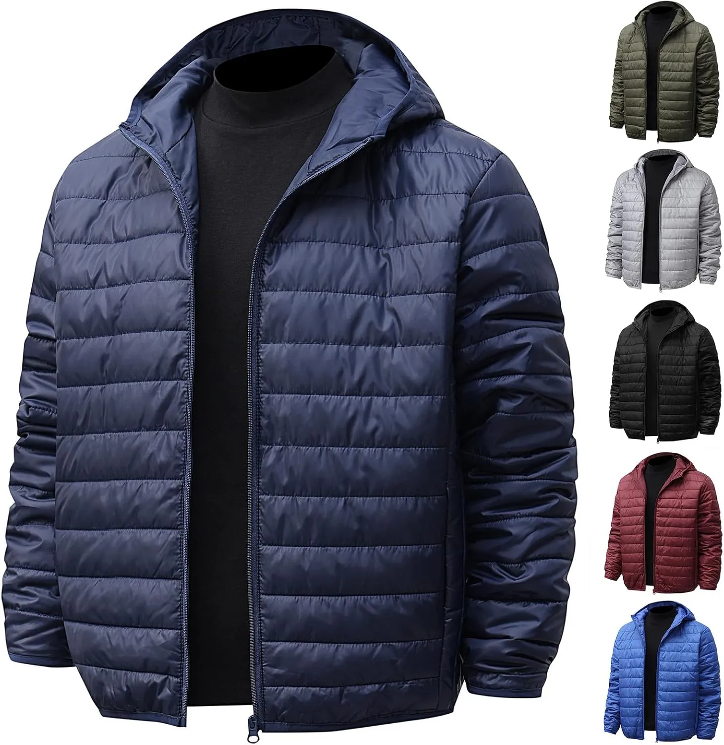 ZWRXW Men's Packable Lightweight Puffer Jacket Solid Color Insulated Down Jacket Full Zip Quilted Hooded Outwear with Pockets