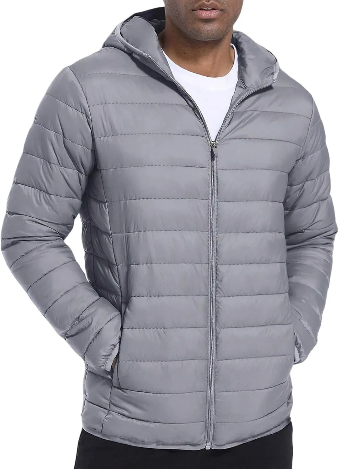 ZWRXW Men's Packable Lightweight Puffer Jacket Solid Color Insulated Down Jacket Full Zip Quilted Hooded Outwear with Pockets
