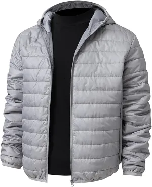 ZWRXW Men's Packable Lightweight Puffer Jacket Solid Color Insulated Down Jacket Full Zip Quilted Hooded Outwear with Pockets