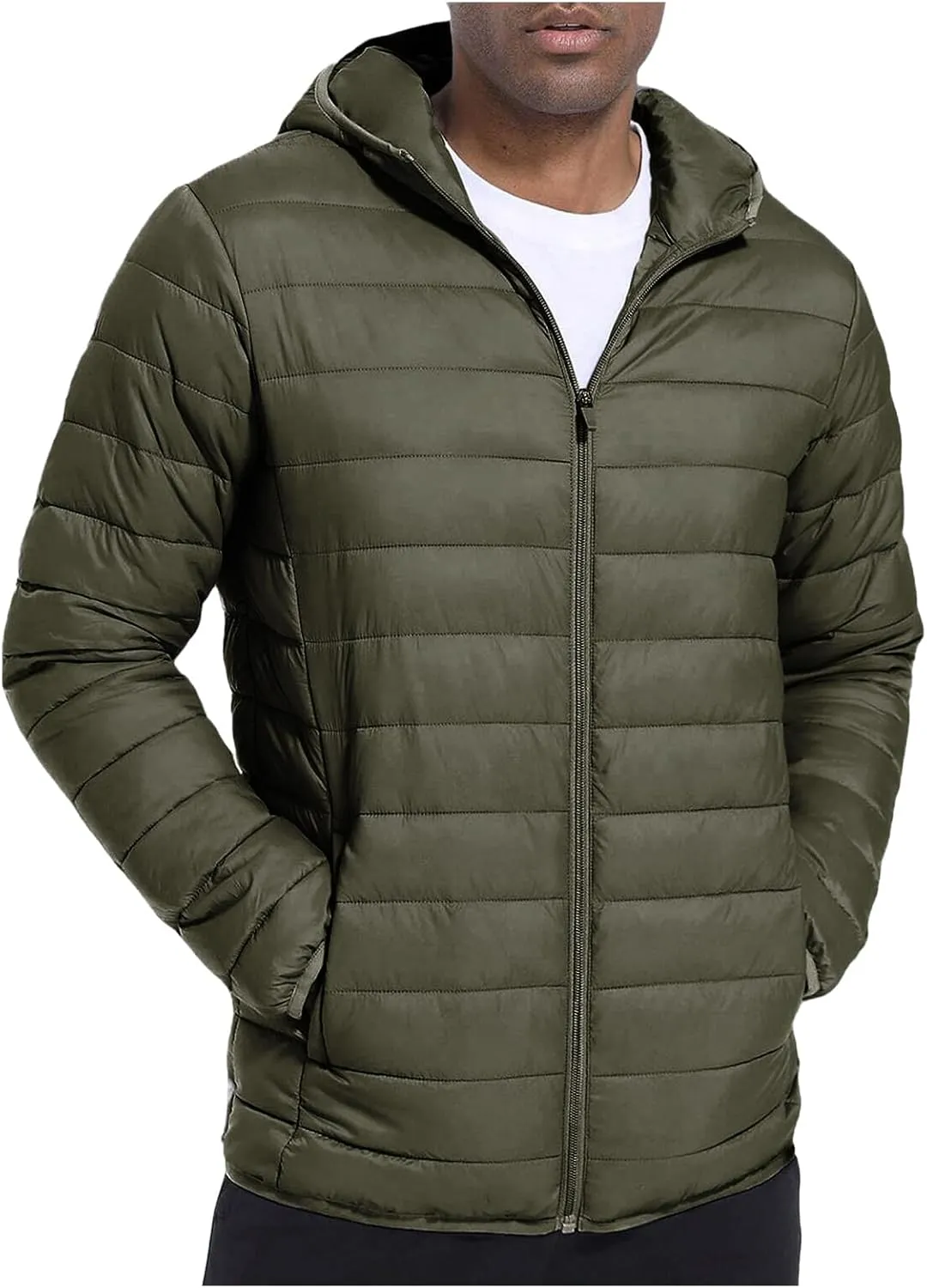ZWRXW Men's Packable Lightweight Puffer Jacket Solid Color Insulated Down Jacket Full Zip Quilted Hooded Outwear with Pockets