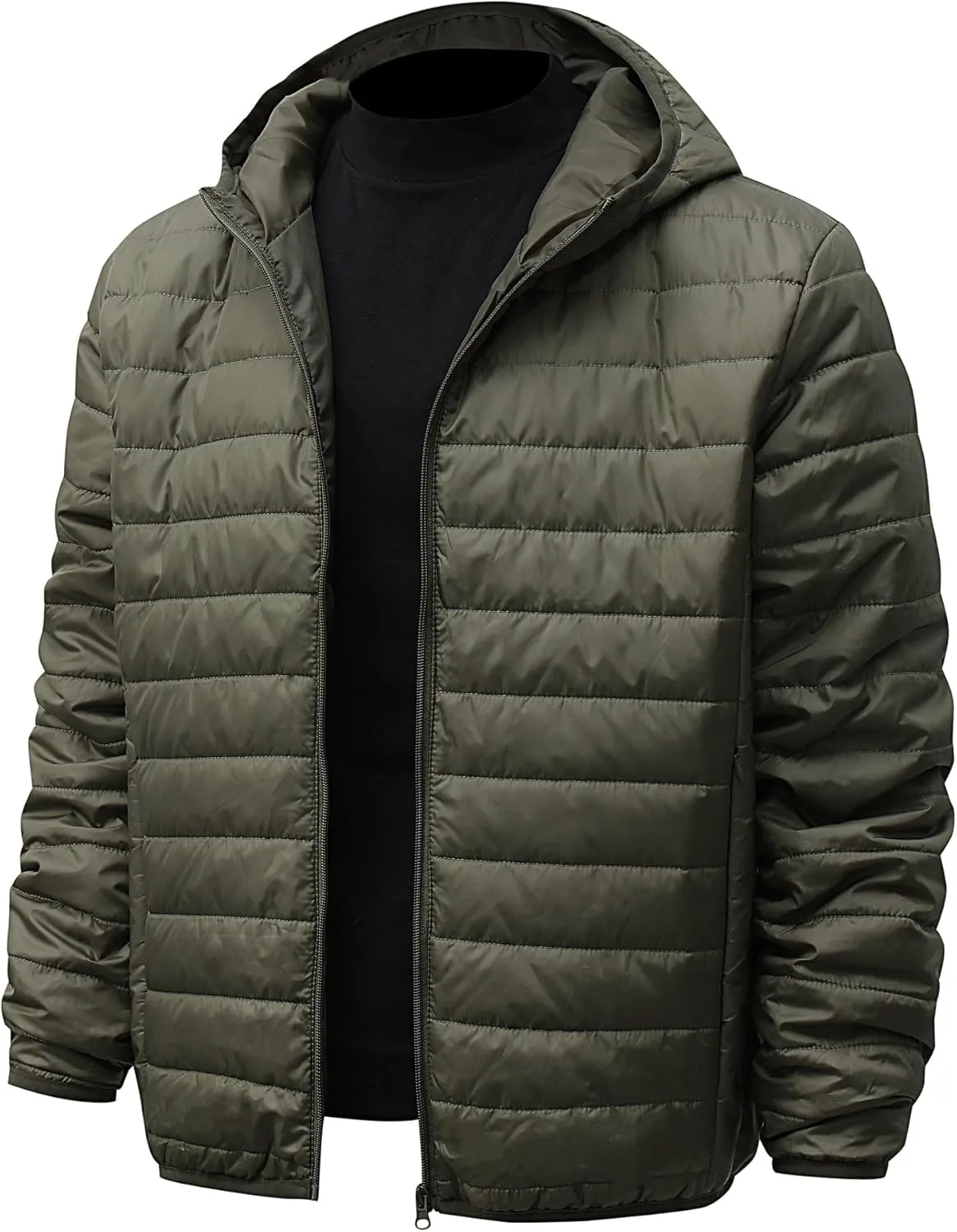 ZWRXW Men's Packable Lightweight Puffer Jacket Solid Color Insulated Down Jacket Full Zip Quilted Hooded Outwear with Pockets