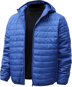 ZWRXW Men's Packable Lightweight Puffer Jacket Solid Color Insulated Down Jacket Full Zip Quilted Hooded Outwear with Pockets