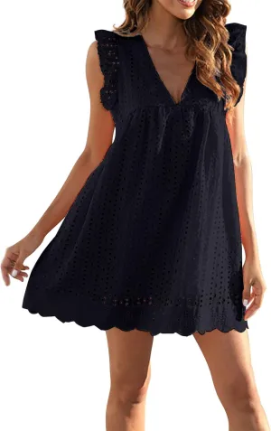 ZYXTIM Summer Dresses for Women 2024 Ruffle Sleeve V-Neck Zipper Back Hollow Out Loose A-Line Cocktail Beach Party Sundress