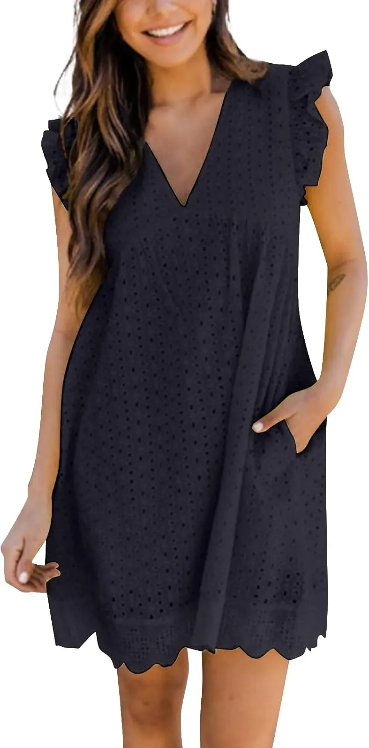 ZYXTIM Summer Dresses for Women 2024 Ruffle Sleeve V-Neck Zipper Back Hollow Out Loose A-Line Cocktail Beach Party Sundress