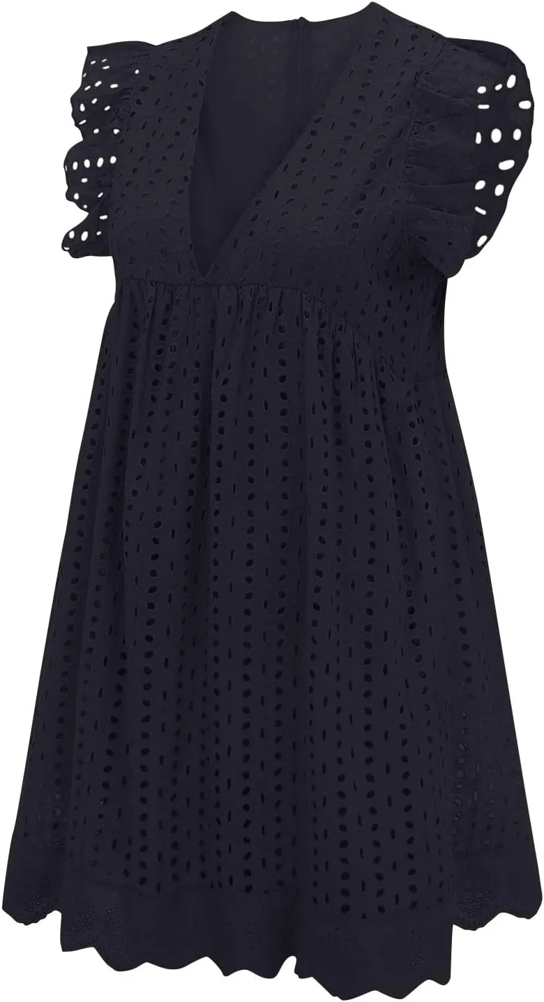 ZYXTIM Summer Dresses for Women 2024 Ruffle Sleeve V-Neck Zipper Back Hollow Out Loose A-Line Cocktail Beach Party Sundress