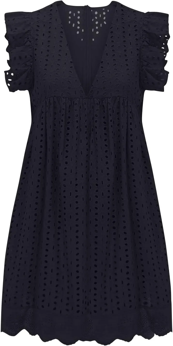 ZYXTIM Summer Dresses for Women 2024 Ruffle Sleeve V-Neck Zipper Back Hollow Out Loose A-Line Cocktail Beach Party Sundress