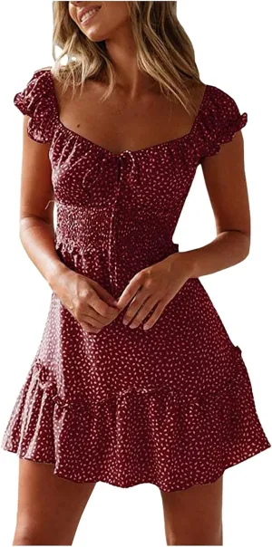 ZYXTIM Womens Boho Floral Mini Dress Puff Sleeve V Neck Slim Fit Flowy Skater Dress Plus Size A Line Fashion Summer Dress