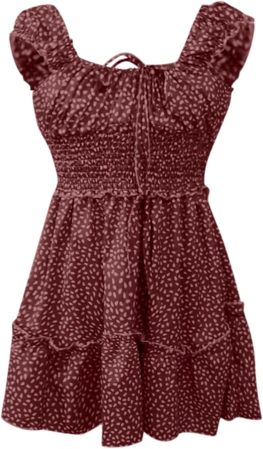ZYXTIM Womens Boho Floral Mini Dress Puff Sleeve V Neck Slim Fit Flowy Skater Dress Plus Size A Line Fashion Summer Dress
